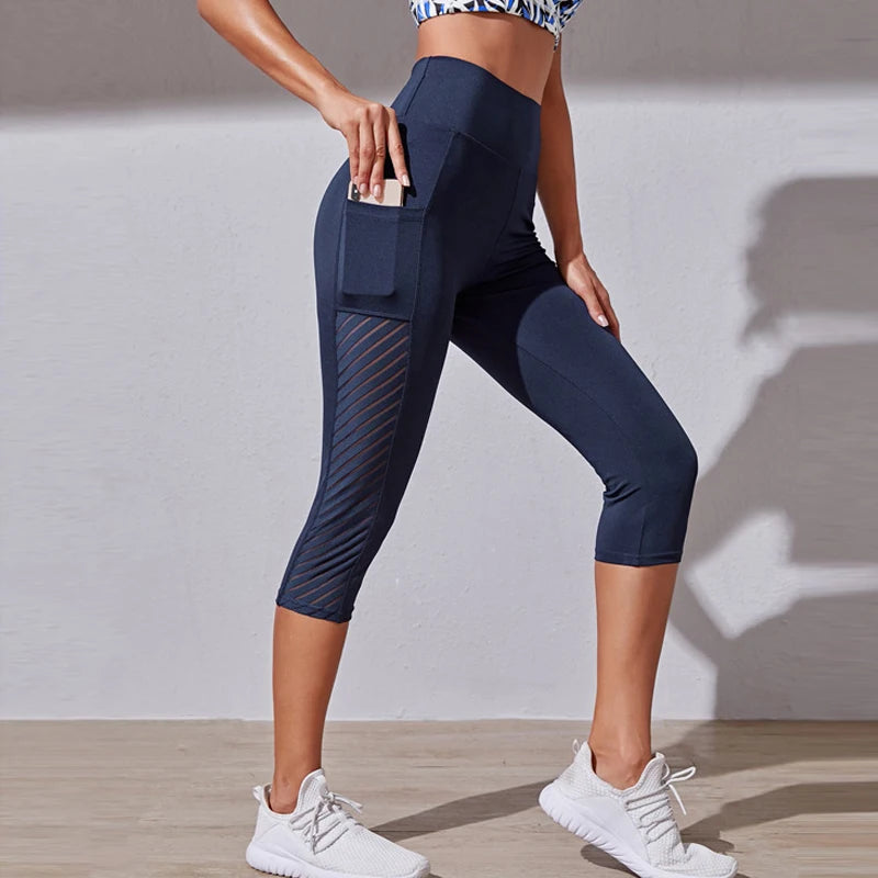 Calções Esportivos de Cintura Alta Hip Lift para Mulheres, Collants Bolsos Laterais, Roupa Esportiva de Ginásio Secagem Rápida, Corrida e Yoga, Calças Cortadas, Fitness e Nudez