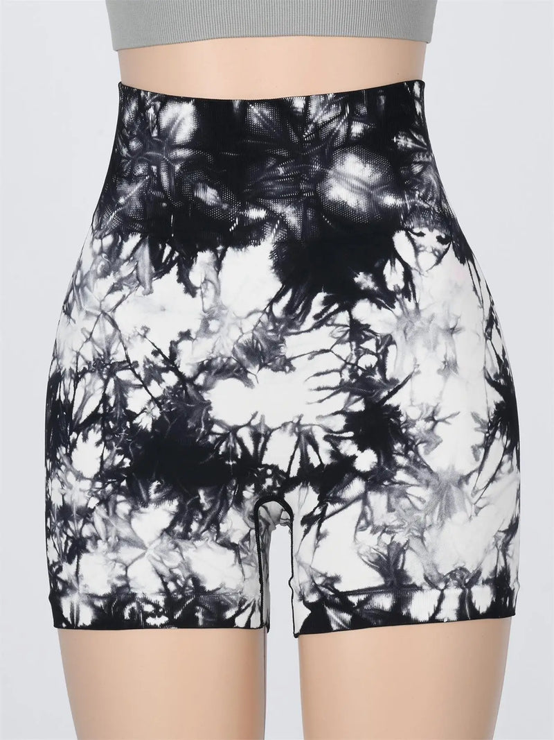Shorts esportivos femininos com estampa tie-dye e cintura alta, shorts skinny casuais, confortáveis e respiráveis sem costura para ioga, academia, treino