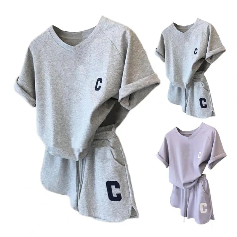 Camiseta estampada com letra feminina e calções com elástico na cintura, agasalho gola O, roupa exercício Lady, verão