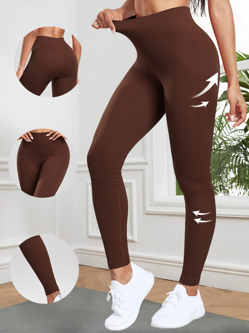 Mulheres sem costura leggings com nervuras cintura alta levantamento de bunda calças de treino cor sólida simples calças de fitness roupas casuais