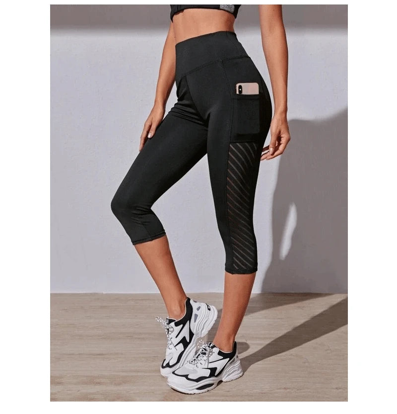 Calções Esportivos de Cintura Alta Hip Lift para Mulheres, Collants Bolsos Laterais, Roupa Esportiva de Ginásio Secagem Rápida, Corrida e Yoga, Calças Cortadas, Fitness e Nudez