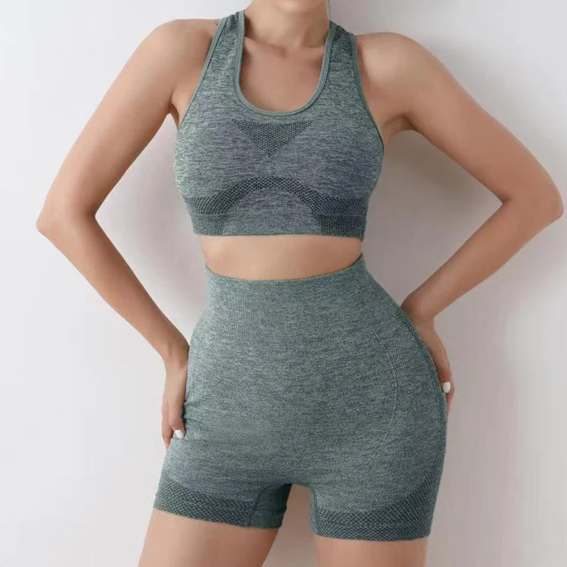 Conjunto de yoga shorts de ginásio feminino esporte sutiãs sutiã treino topos para mulheres roupas de yoga leggings de fitness conjunto de ginásio sem costura conjuntos de yoga