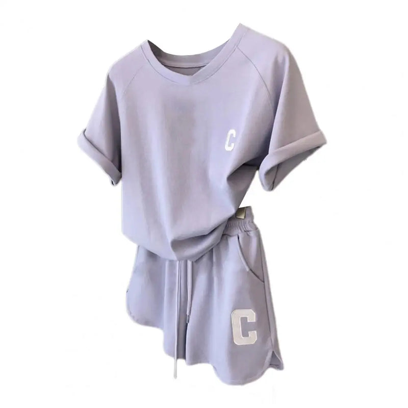 Camiseta estampada com letra feminina e calções com elástico na cintura, agasalho gola O, roupa exercício Lady, verão