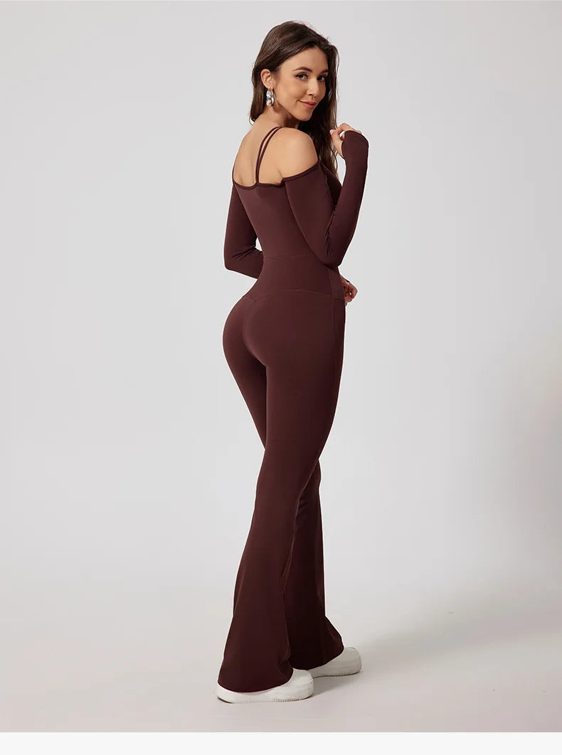 Fubeike novo macacão de yoga para esportes volta beleza volta marrom sem costura alça de ombro duplo collants sexy bodysuit de uma peça