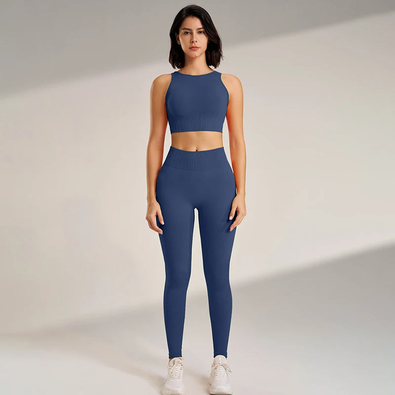 Conjunto de roupas de yoga feminino cintura alta leggings e topo duas peças sem costura roupas de exercício de fitness roupa interior de fitness plus size