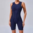 Novo verão costura cor sem costas macacões de yoga com almofadas no peito feminino sem mangas esportes bodysuit hip levantamento treino macacão