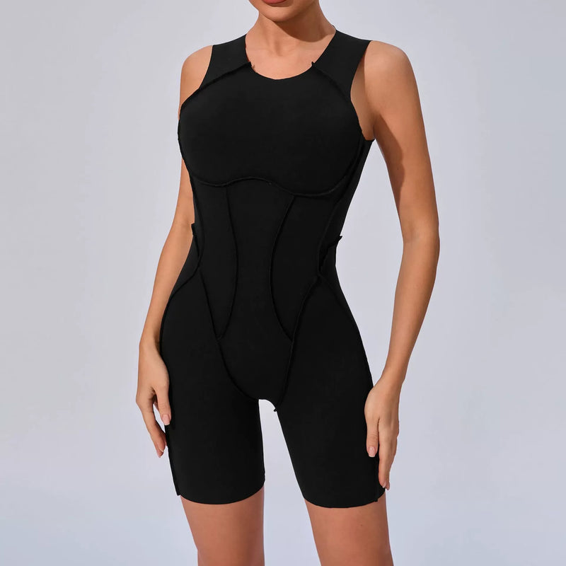 Novo verão costura cor sem costas macacões de yoga com almofadas no peito feminino sem mangas esportes bodysuit hip levantamento treino macacão