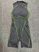 Novo verão costura cor sem costas macacões de yoga com almofadas no peito feminino sem mangas esportes bodysuit hip levantamento treino macacão