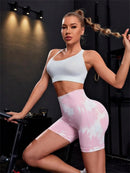 Shorts esportivos femininos com estampa tie-dye e cintura alta, shorts skinny casuais, confortáveis e respiráveis sem costura para ioga, academia, treino