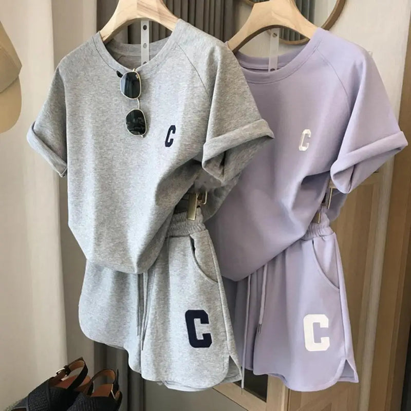 Camiseta estampada com letra feminina e calções com elástico na cintura, agasalho gola O, roupa exercício Lady, verão