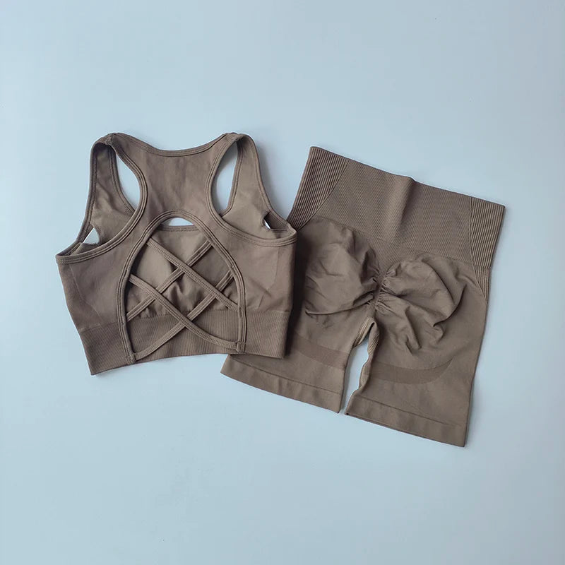 Seamless Yoga Set para Mulheres, Sexy Sutiã Esportivo, Shorts de Cintura Alta, Roupa de Ginásio, Terno sem mangas Fitness, 2 pcs