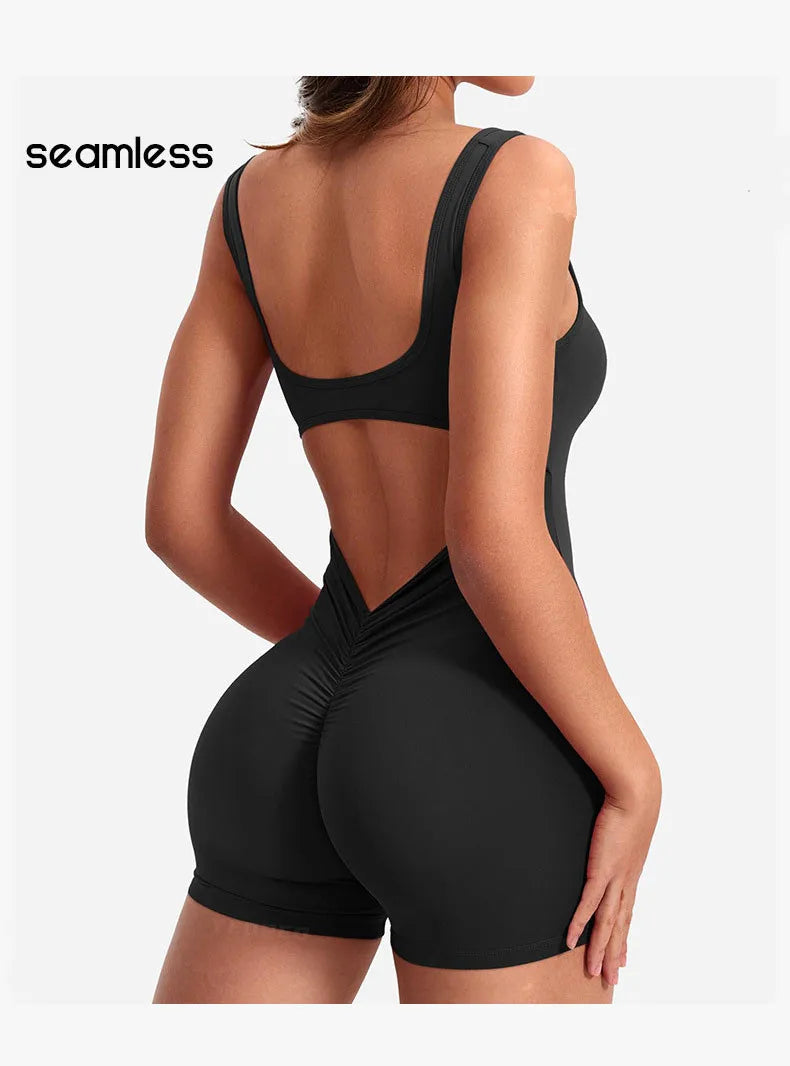 Roupas de ginástica femininas yoga sólido ruched sem costas sem mangas gola quadrada magro sexy macacão ropa deportiva mujer ginásio playsuits