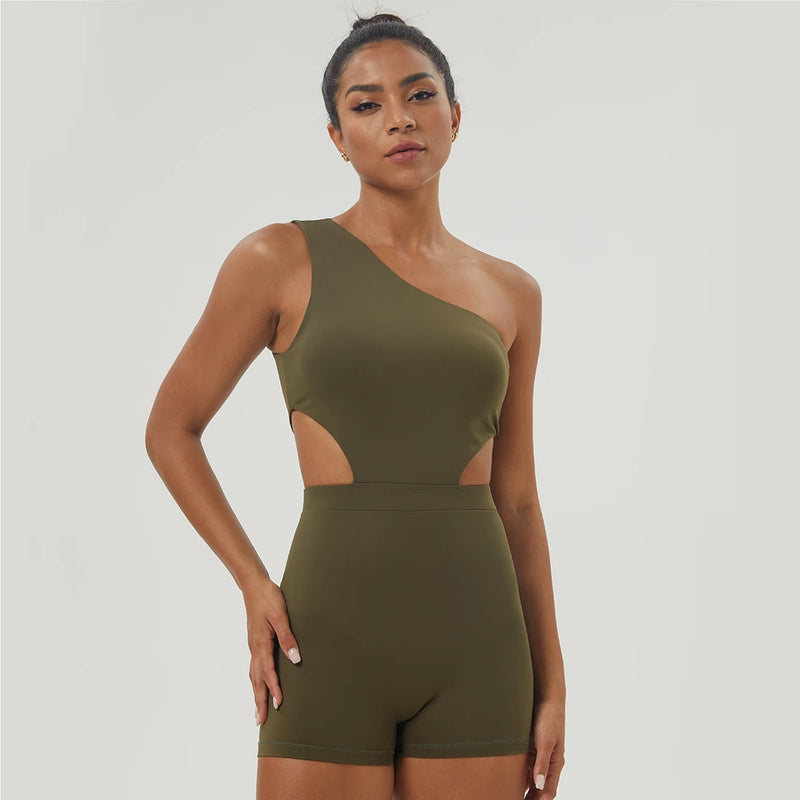 Mulheres de um ombro esporte bodyduit elástico acolchoado fitness ginásio yoga macacão