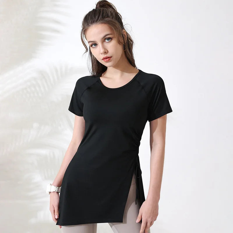 Mulheres camisas de treino manga curta yoga topo ginásio camisas longas lado cordão dividir esportes topo feminino respirável fitness yoga wear