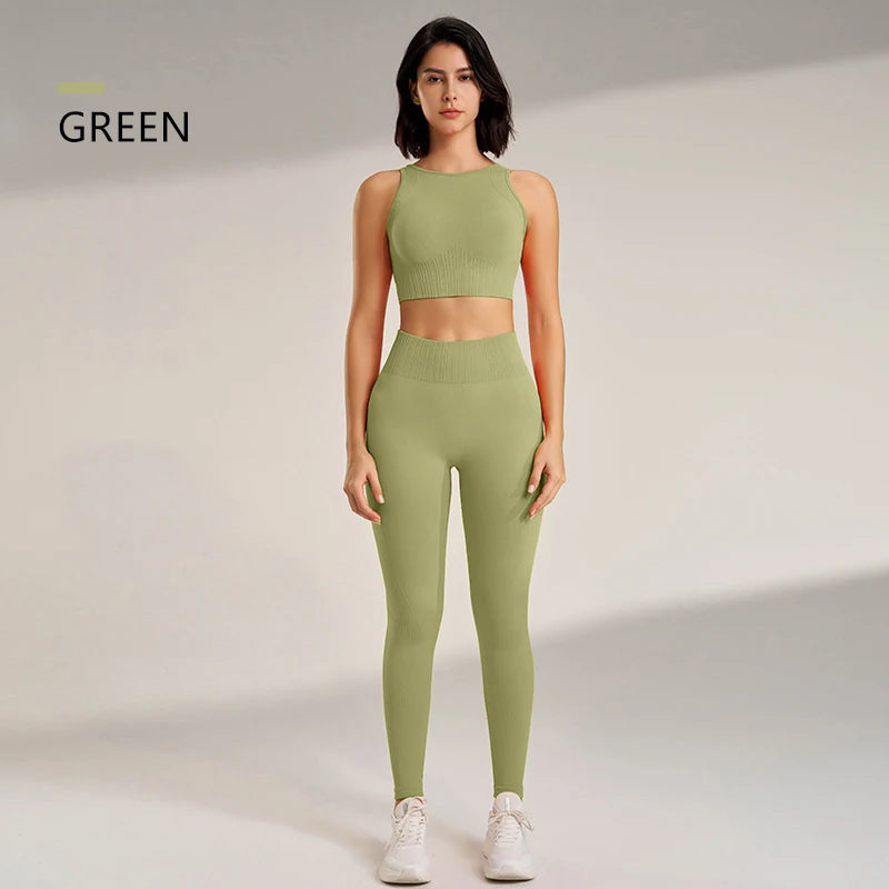 Conjunto de roupas de yoga feminino cintura alta leggings e topo duas peças sem costura roupas de exercício de fitness roupa interior de fitness plus size