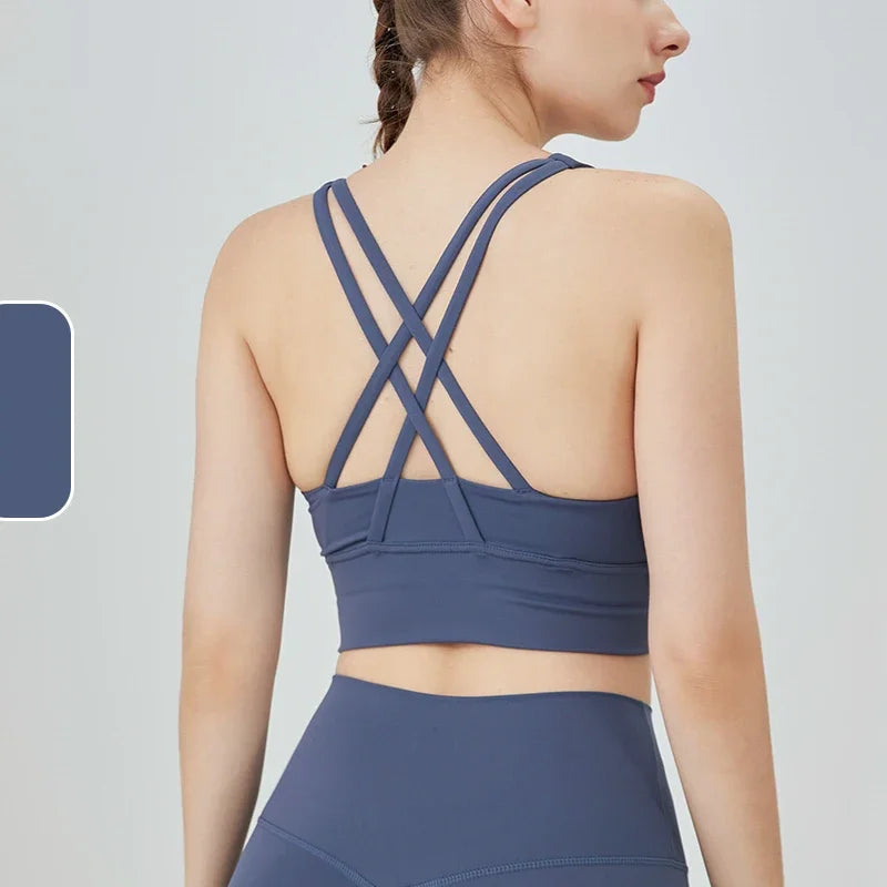 Novo verão sexy sutiãs esportivos mulheres colete de fitness esportes topo cruz volta yoga sutiã correndo fitness respirável à prova de choque sutiã de yoga