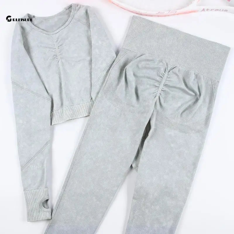 Chrleisure 2 pçs lavagem yoga terno sem costura roupa de treino esportes topo com levantamento de bunda ginásio ruched collants elástico activewear