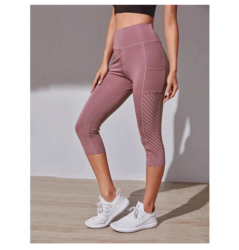 Calções Esportivos de Cintura Alta Hip Lift para Mulheres, Collants Bolsos Laterais, Roupa Esportiva de Ginásio Secagem Rápida, Corrida e Yoga, Calças Cortadas, Fitness e Nudez