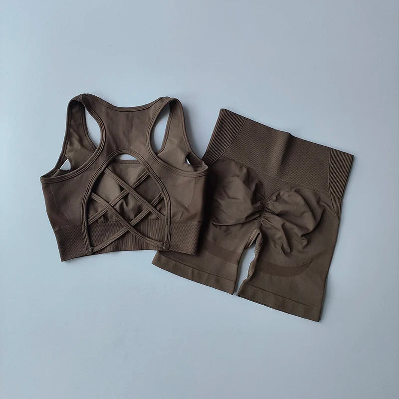 Seamless Yoga Set para Mulheres, Sexy Sutiã Esportivo, Shorts de Cintura Alta, Roupa de Ginásio, Terno sem mangas Fitness, 2 pcs