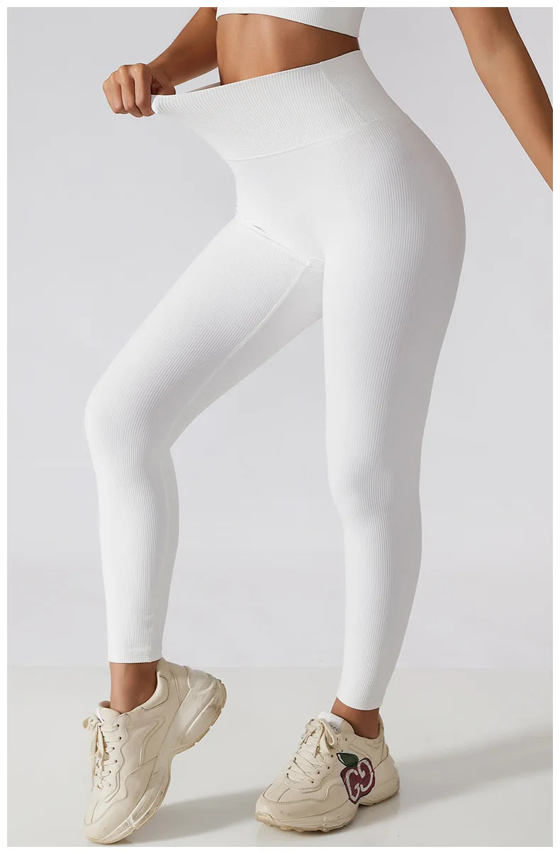 Novas calças de yoga sem costura com nervuras cintura alta ginásio leggings esporte feminino fitness legging controle barriga correndo collants