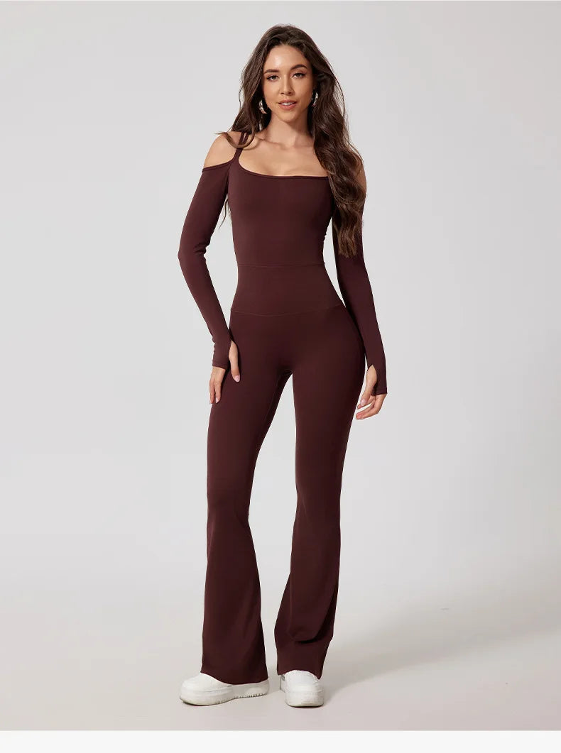 Fubeike novo macacão de yoga para esportes volta beleza volta marrom sem costura alça de ombro duplo collants sexy bodysuit de uma peça