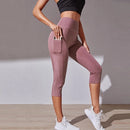 Calções Esportivos de Cintura Alta Hip Lift para Mulheres, Collants Bolsos Laterais, Roupa Esportiva de Ginásio Secagem Rápida, Corrida e Yoga, Calças Cortadas, Fitness e Nudez