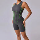 Novo verão costura cor sem costas macacões de yoga com almofadas no peito feminino sem mangas esportes bodysuit hip levantamento treino macacão