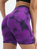 Shorts esportivos femininos com estampa tie-dye e cintura alta, shorts skinny casuais, confortáveis e respiráveis sem costura para ioga, academia, treino