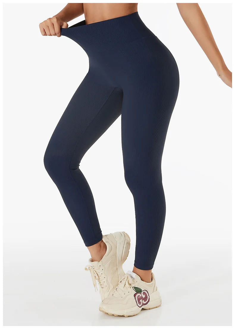 Novas calças de yoga sem costura com nervuras cintura alta ginásio leggings esporte feminino fitness legging controle barriga correndo collants